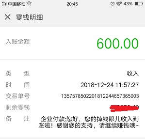 掉钱眼儿提现600元